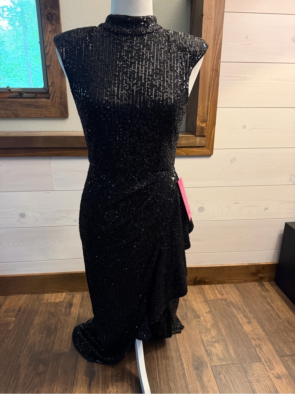 Badgley Mischka Black Sequin High-Neck Evening Gown